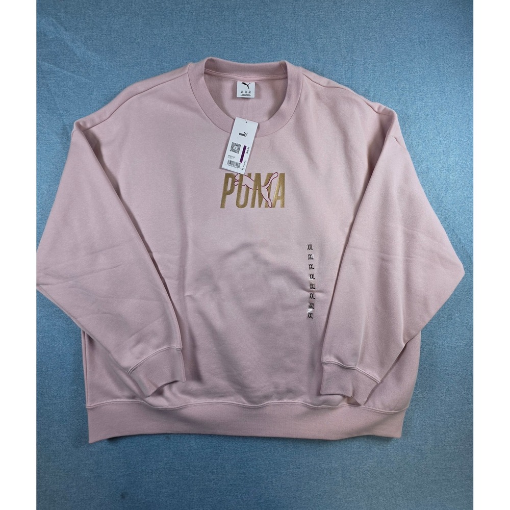 Puma ESS Shine Crew Sweatshirt Mauve Mist Pink Gold Logo XXL, NWT
